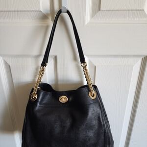 Coach Black and Gold Leather Shoulder Bag with Chain Accents